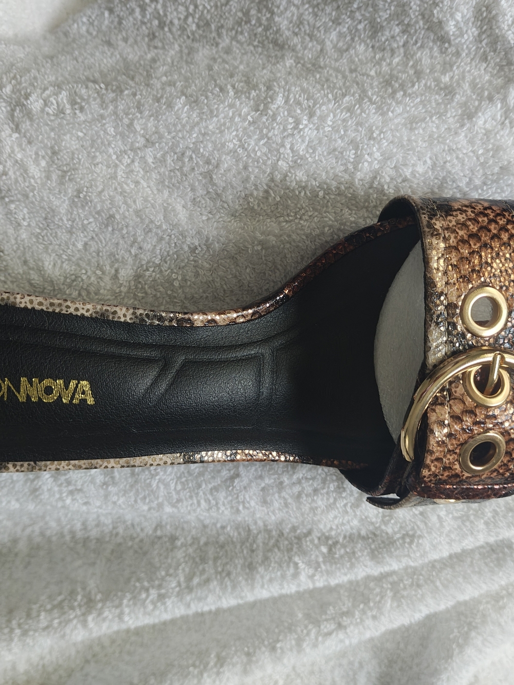 Metallic Brown Snake-Print Slide Sandal with Gold Accent